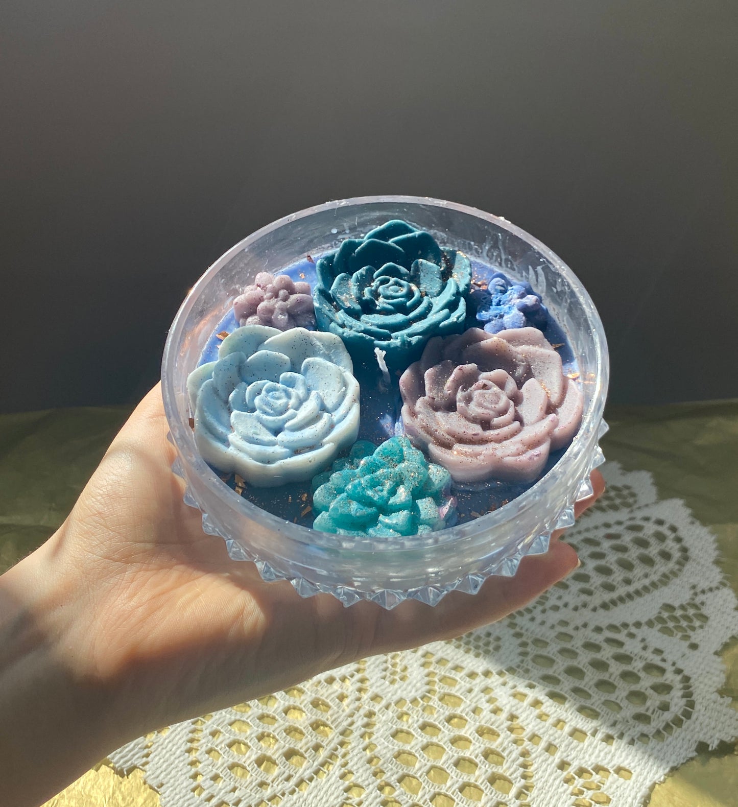 Glass bowl candle | blue succulents