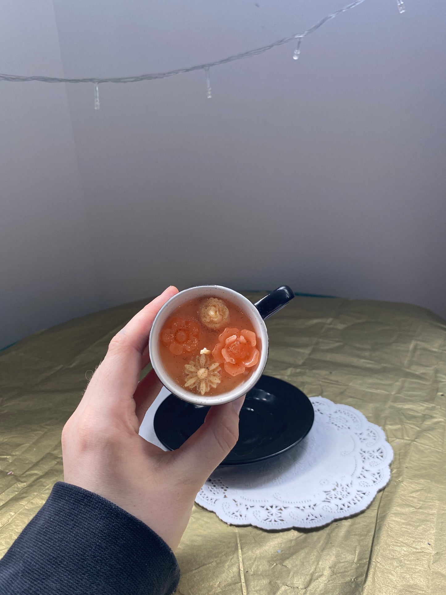 Mini ceramic teacup candle, with plate | Black, white & orange
