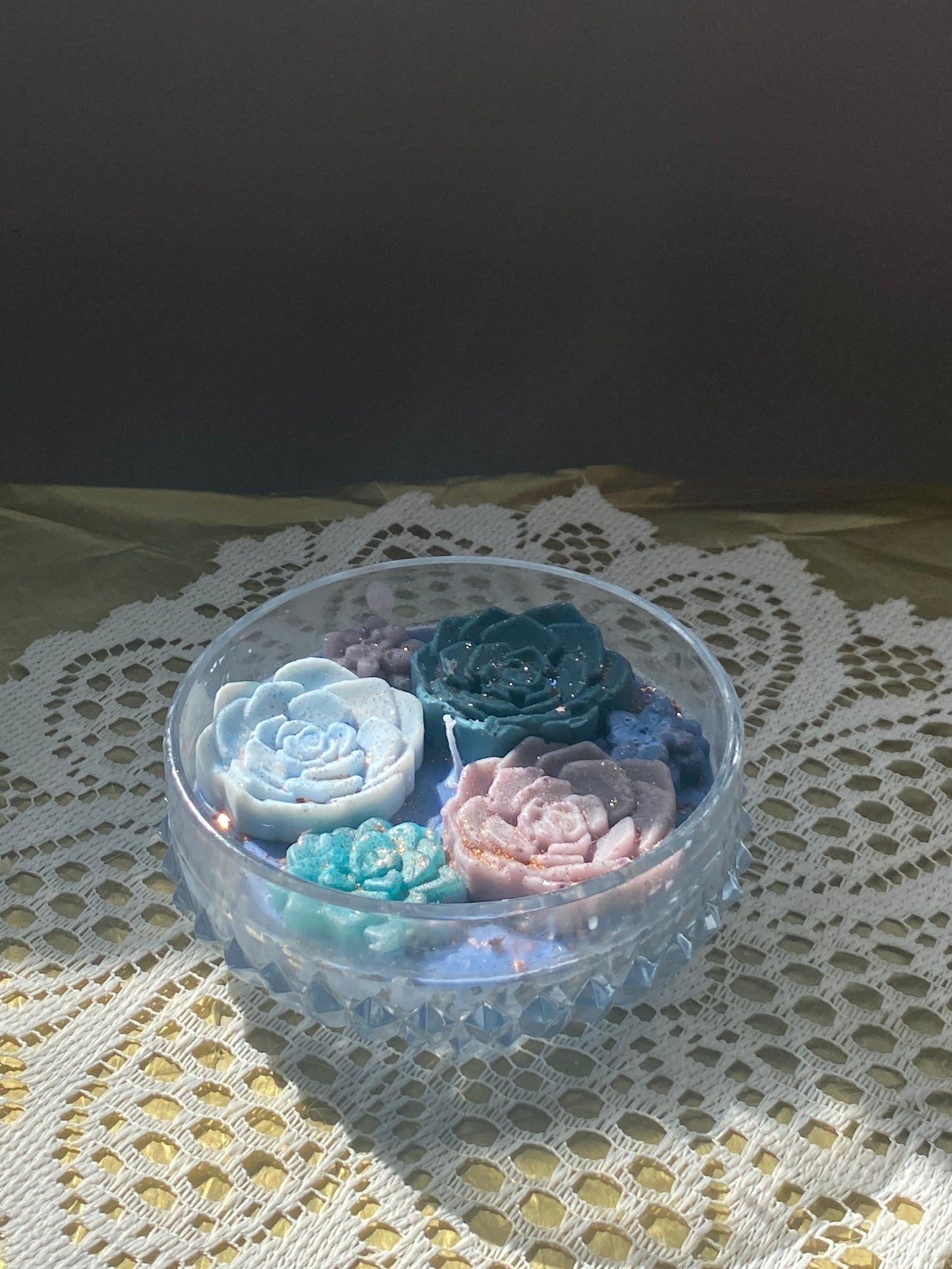 Glass bowl candle | blue succulents
