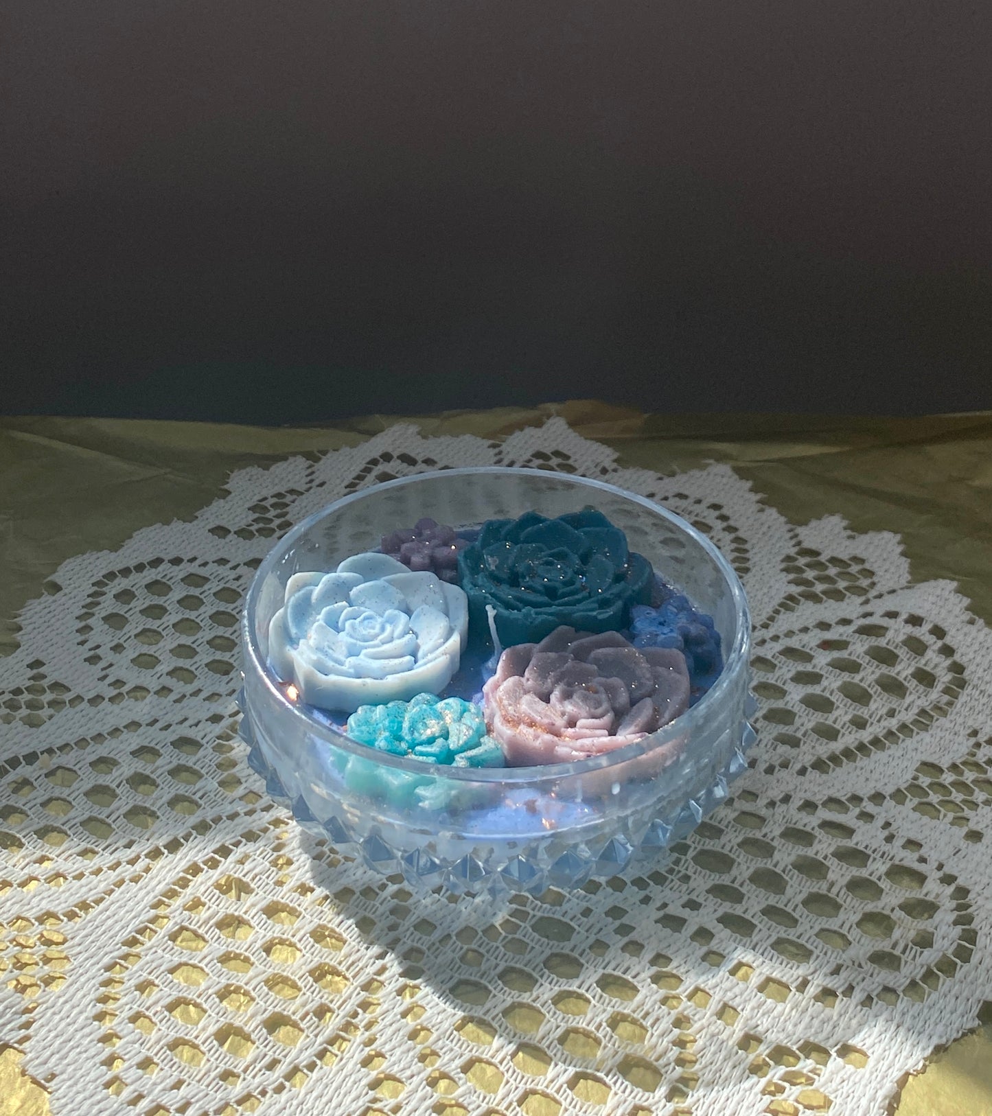 Glass bowl candle | blue succulents
