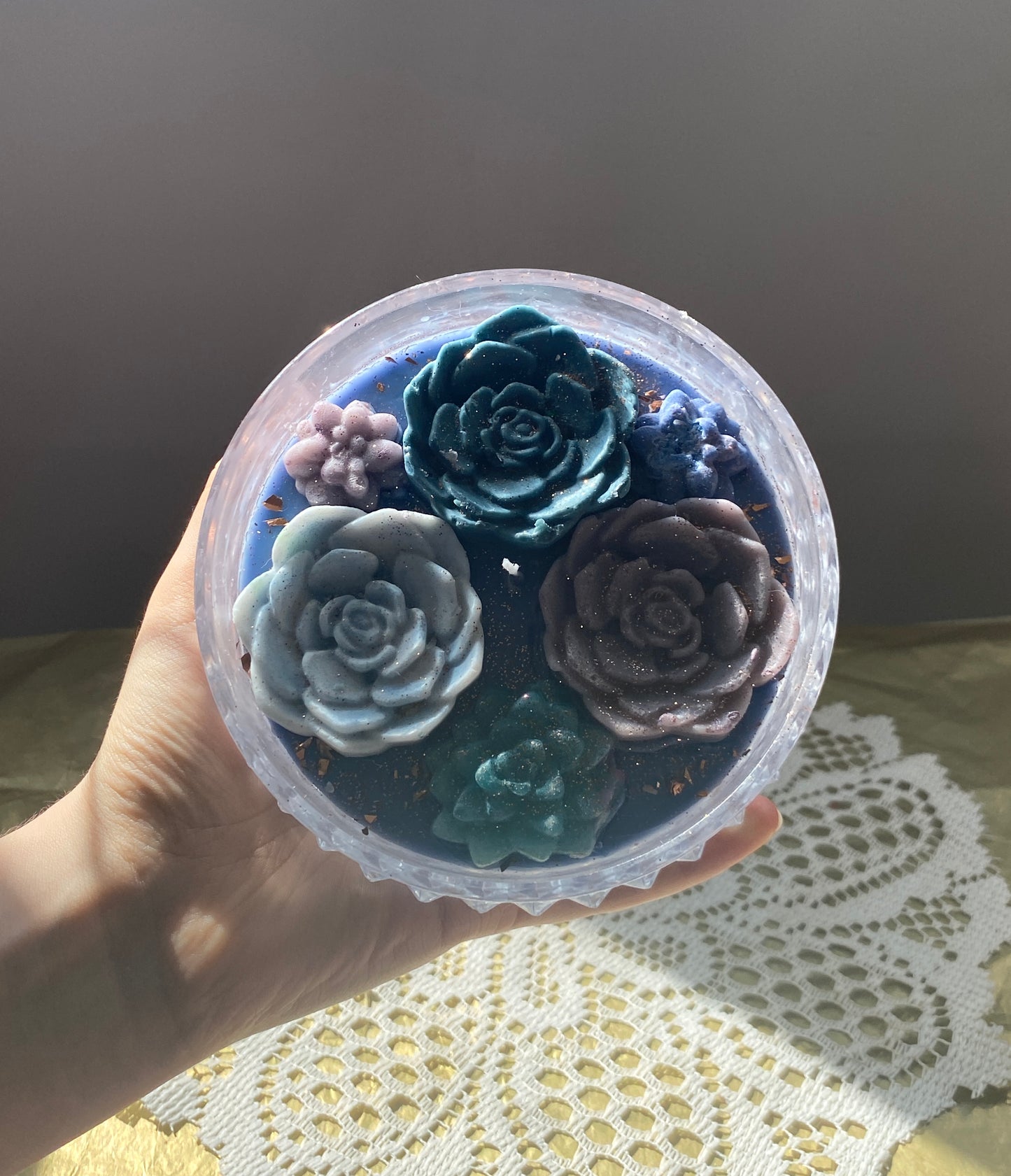 Glass bowl candle | blue succulents