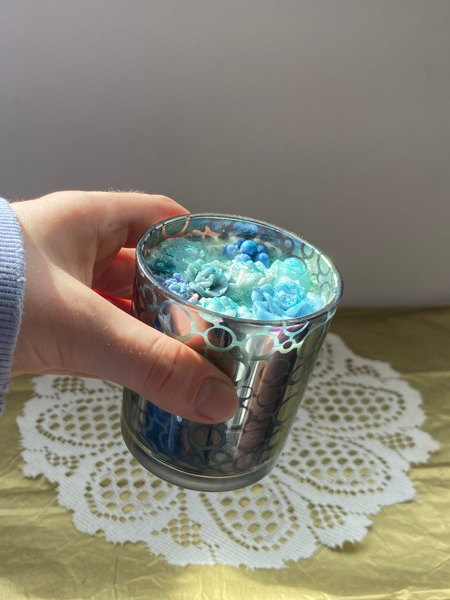 Classic silver candle | Blue & green