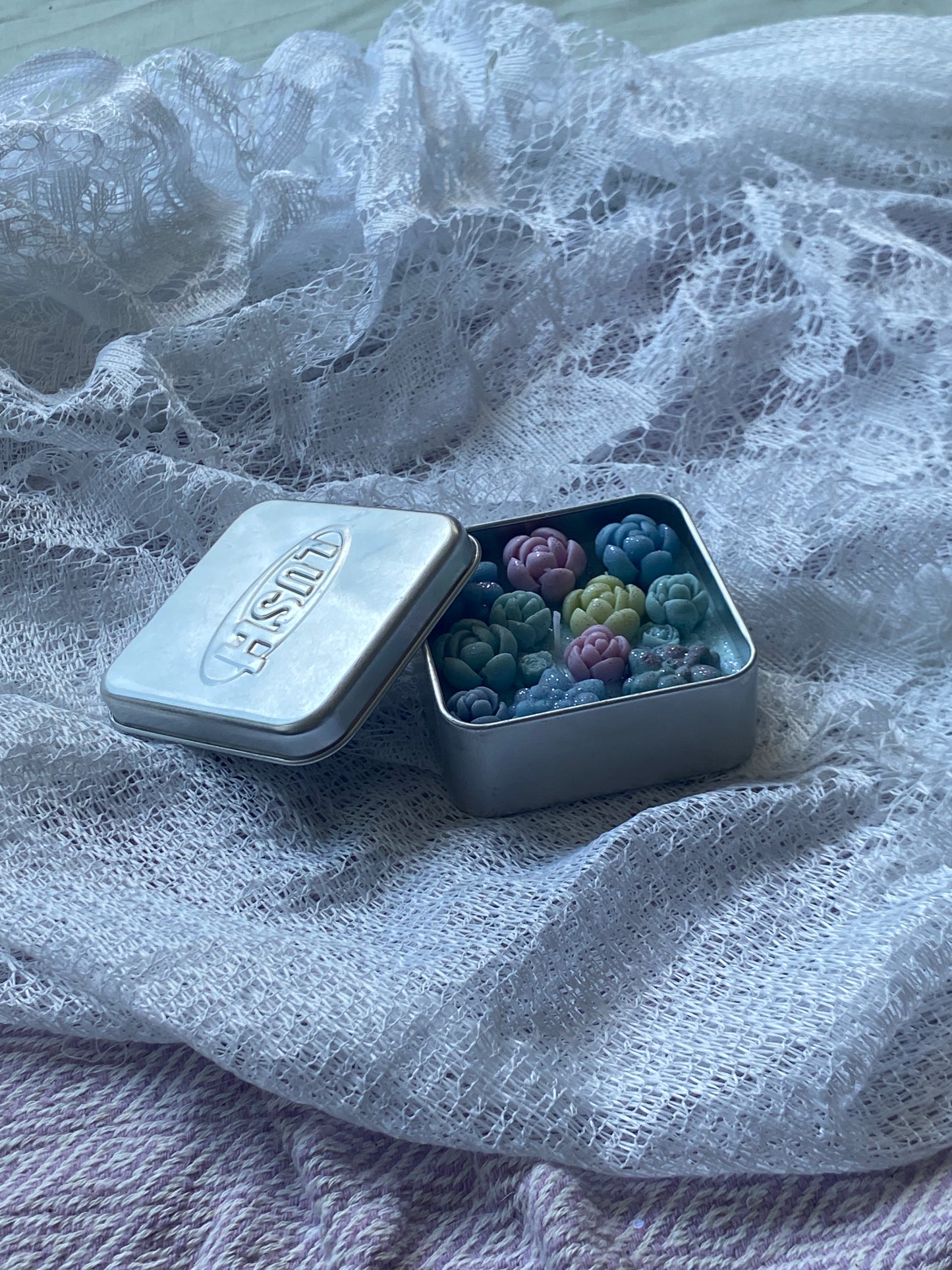 Silver "lush" tin candle | succulents