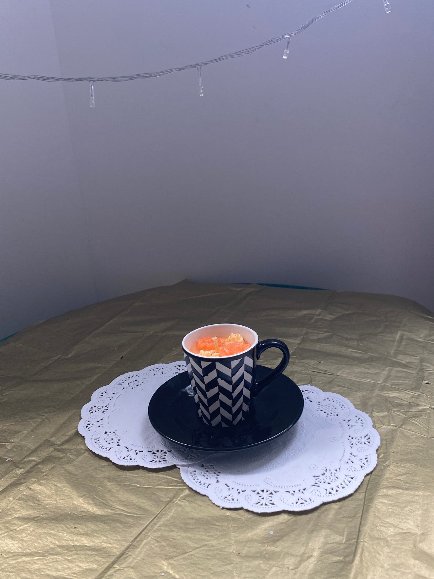 Mini ceramic teacup candle, with plate | Black, white & orange