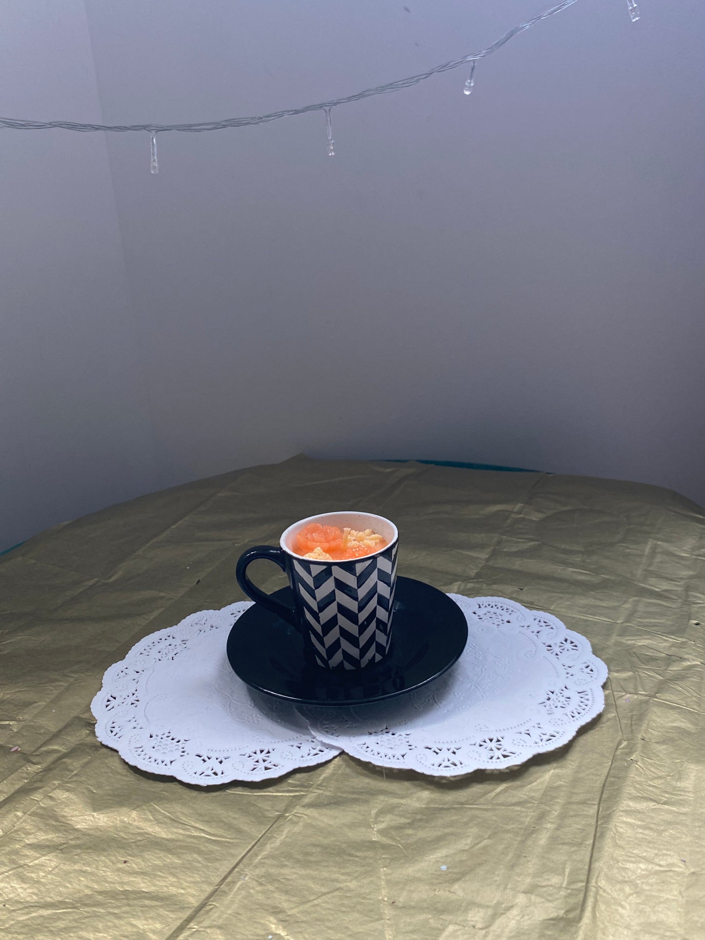 Mini ceramic teacup candle, with plate | Black, white & orange