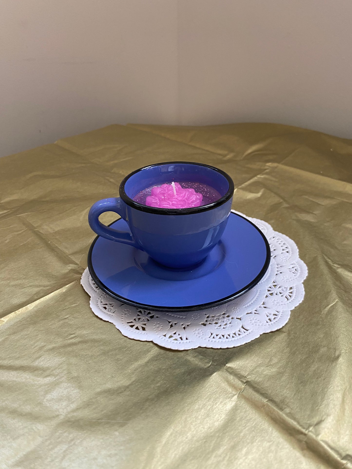 Mini ceramic teacup candle & matching saucer | Blue & pink