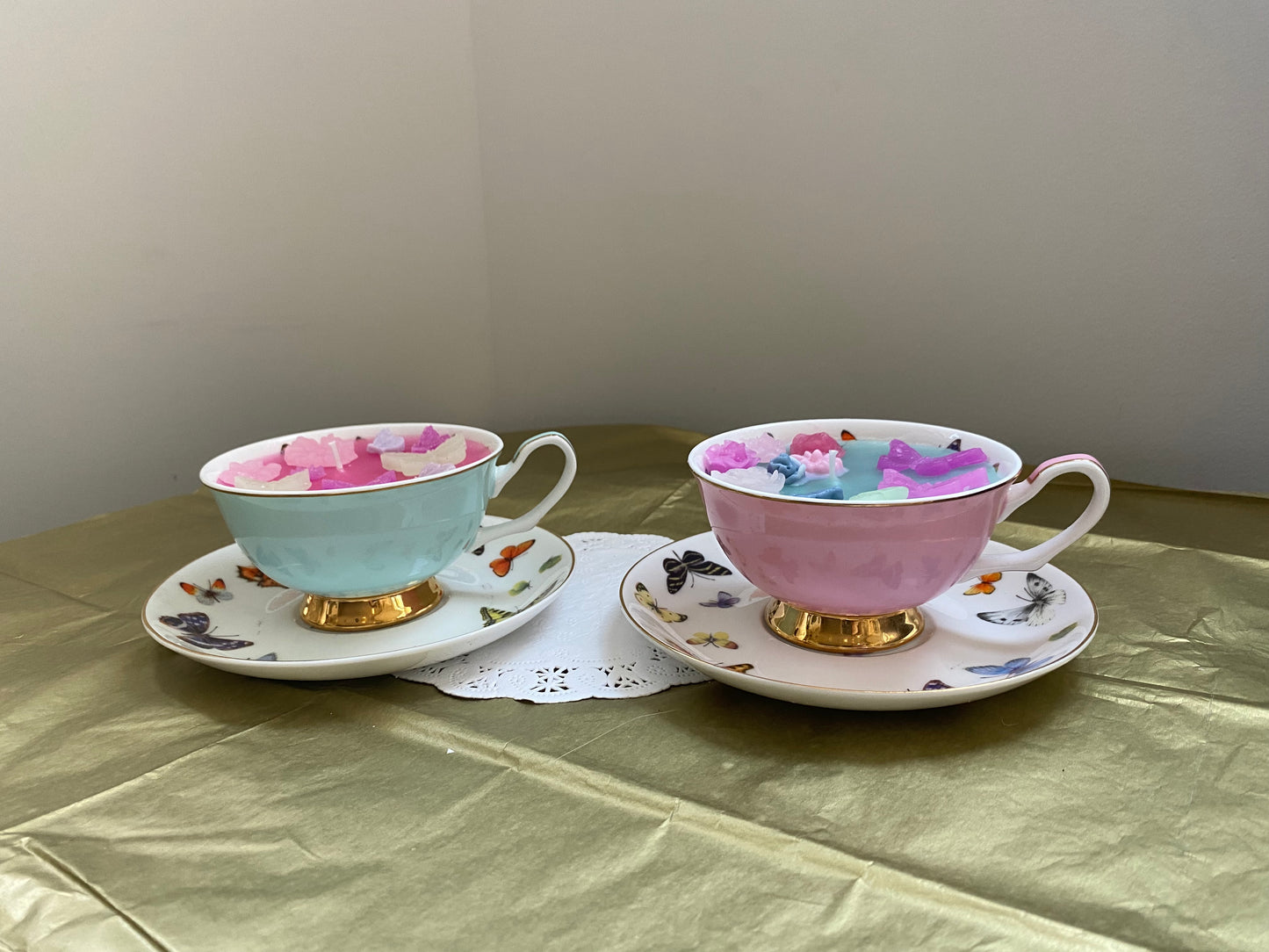 Ceramic teacup candle & matching plate | Pink, blue, butterflies