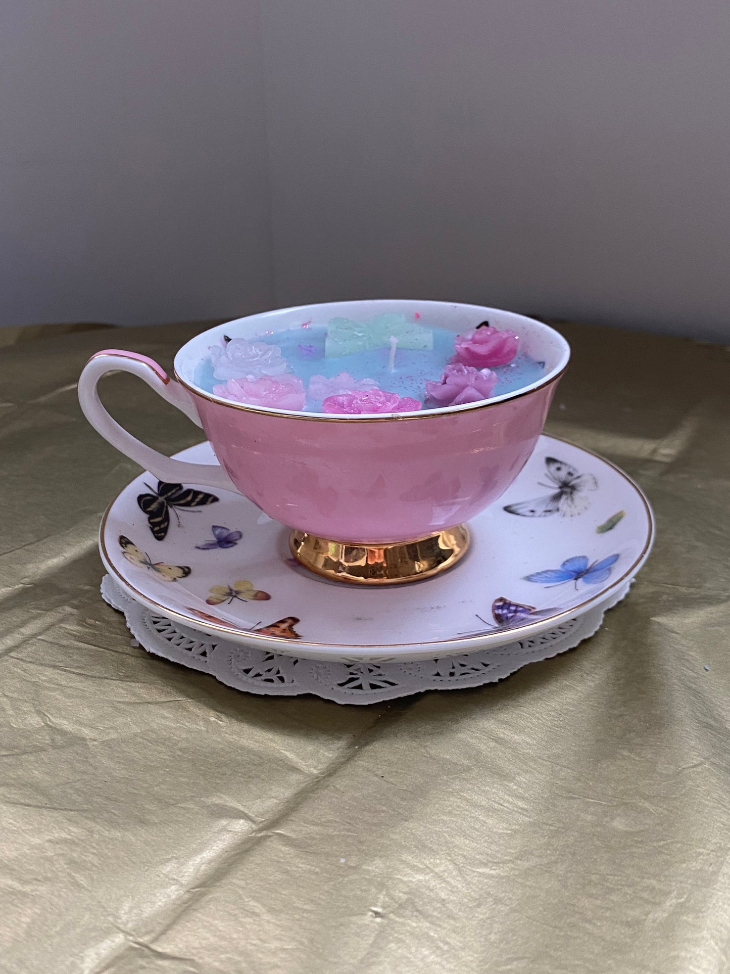 Ceramic teacup candle & matching plate | Pink, blue, butterflies