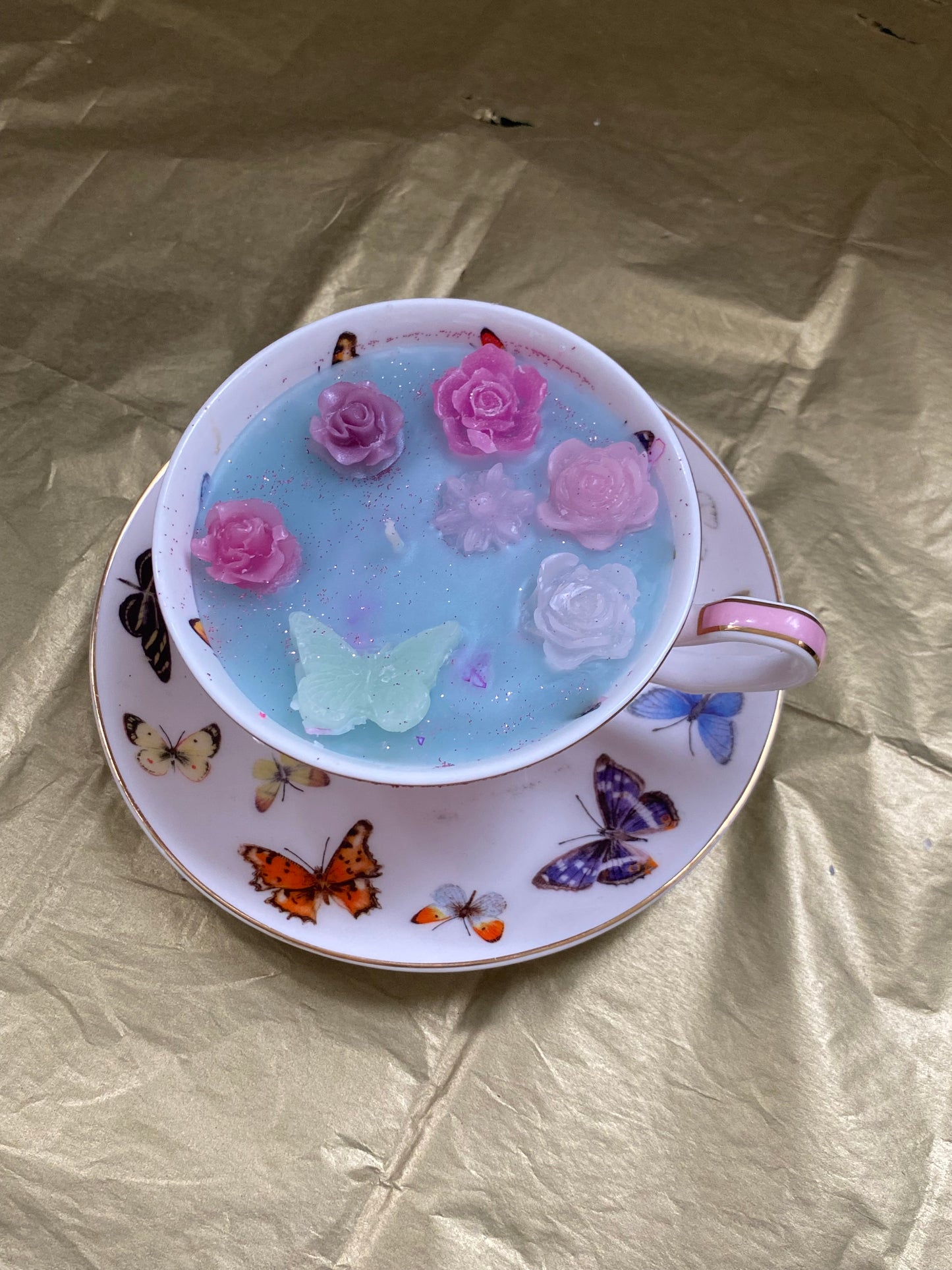 Ceramic teacup candle & matching plate | Pink, blue, butterflies