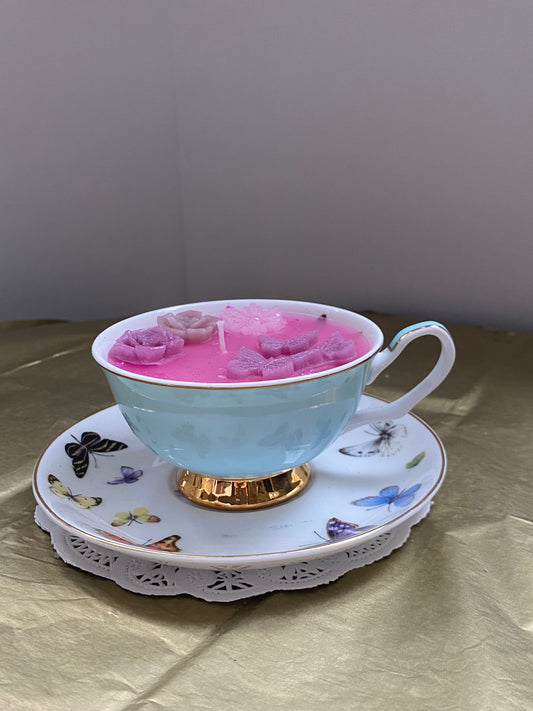 Ceramic teacup candle & matching plate | Blue, pink, butterflies