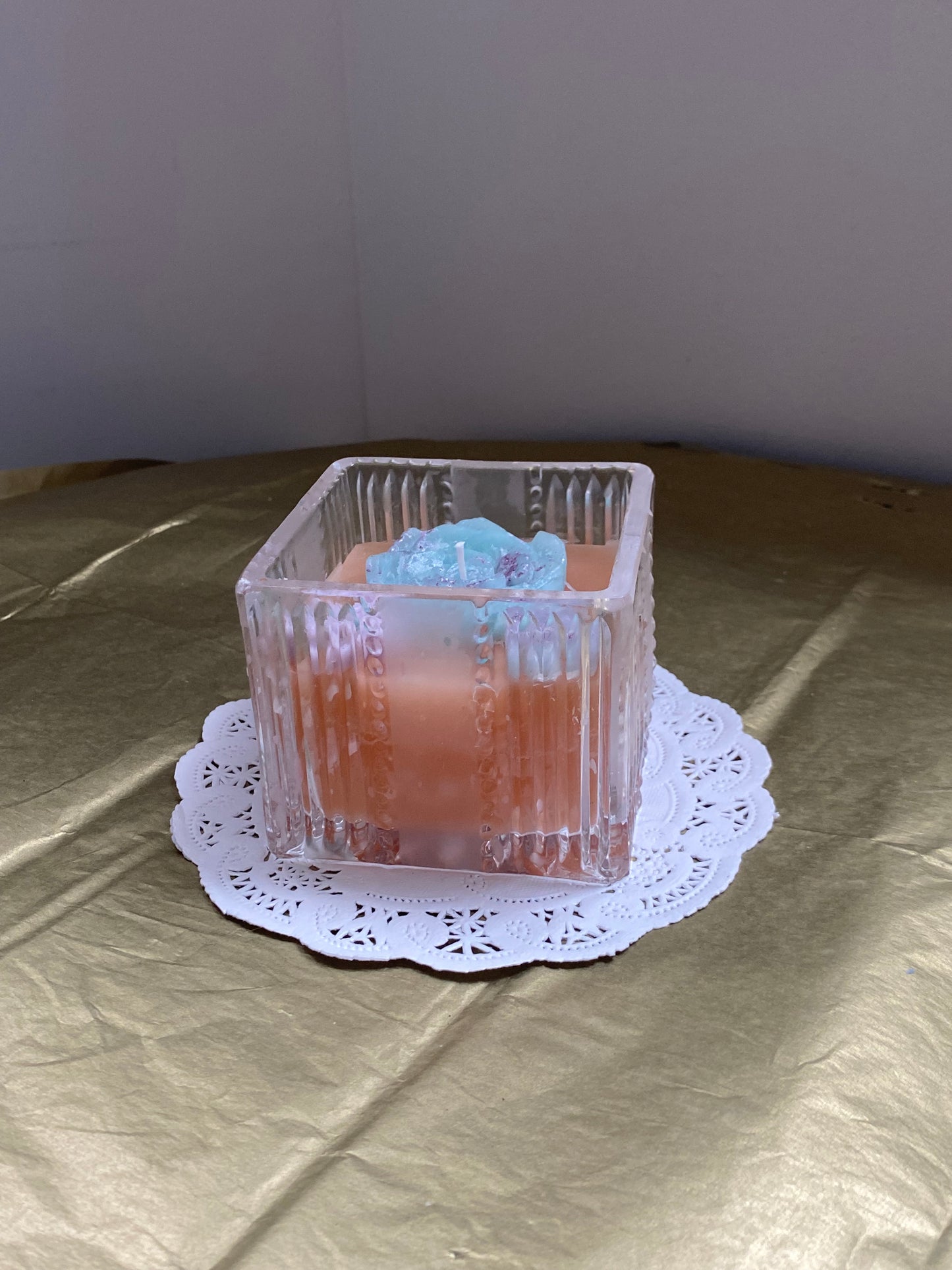 Square glass candle | Peach & blue