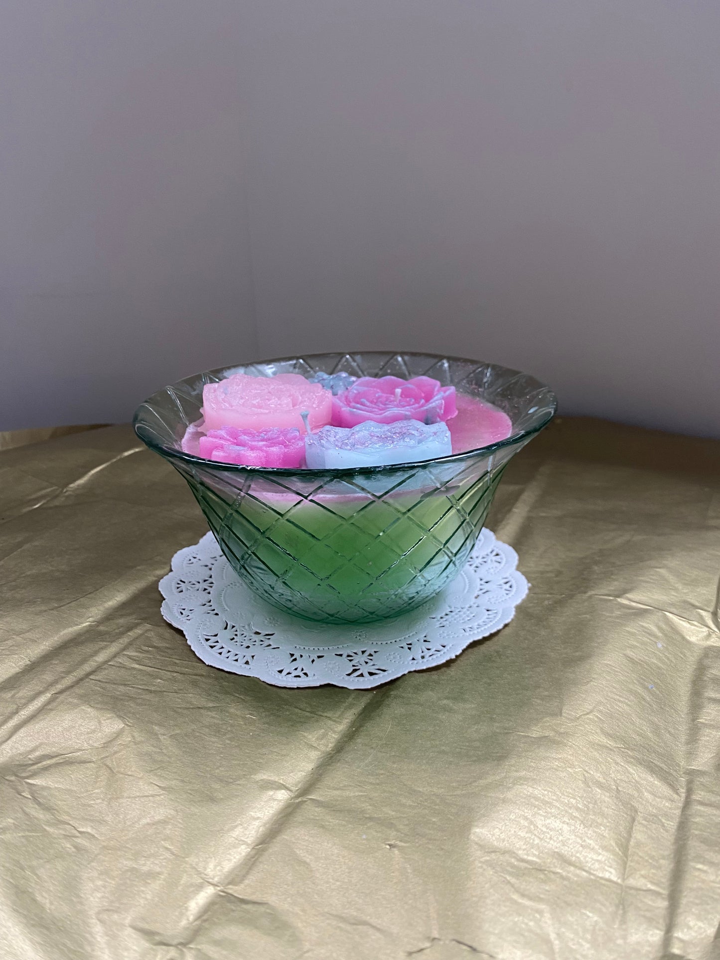 Large glass bowl candle | Green & pink