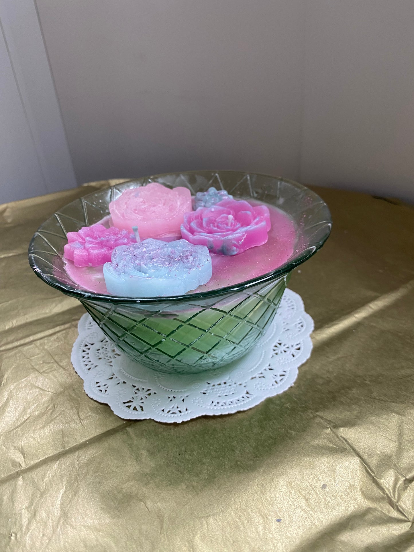 Large glass bowl candle | Green & pink